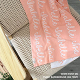 Personalised pet blanket with name Isabelle in peach and white, custom dog blanket by TinyBitz, cozy gift for dogs.