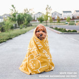 Personalised pet blanket for dogs in mustard and white, custom knitted dog blanket by TinyBitz, cozy gift for small dogs.