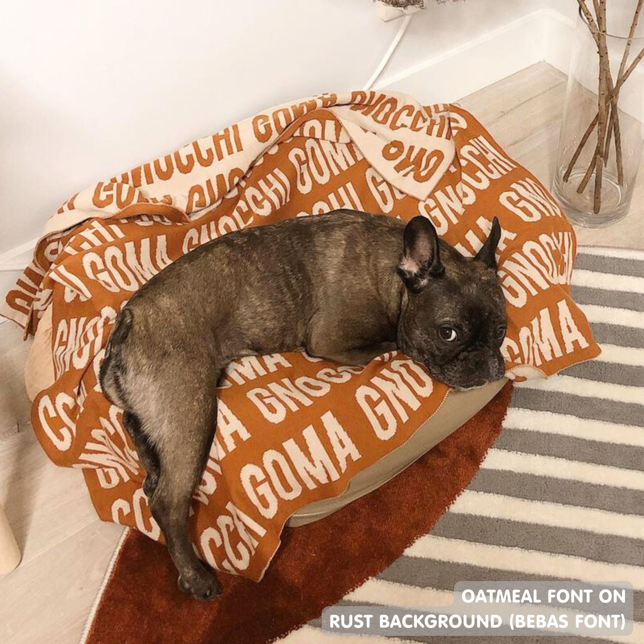 Personalised pet blanket for dogs in rust and oatmeal knitted cotton, custom knitted dog blanket by TinyBitz, perfect gift for cat lovers.