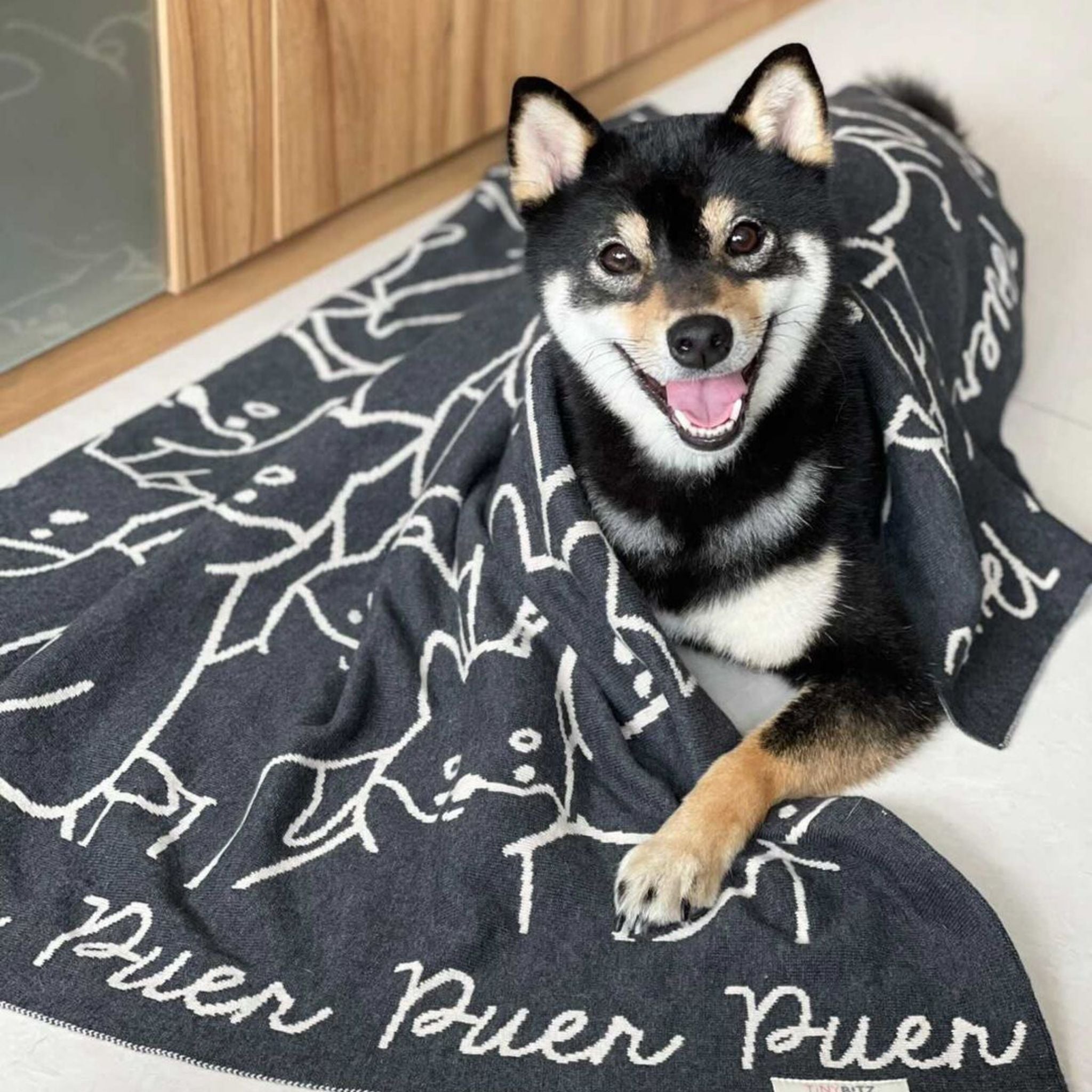 Personalised pet blanket in charcoal and white knitted cotton, cozy custom dog blanket by TinyBitz, perfect personalized gift for pet lovers.