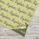 Personalised pet blanket for in sage and army green knitted cotton, custom knitted dog blanket by TinyBitz, perfect gift for dog lovers.