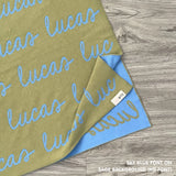 Personalised pet blanket for dogs in sage and sky blue, custom knitted dog blanket by TinyBitz, cozy gift for small dogs.