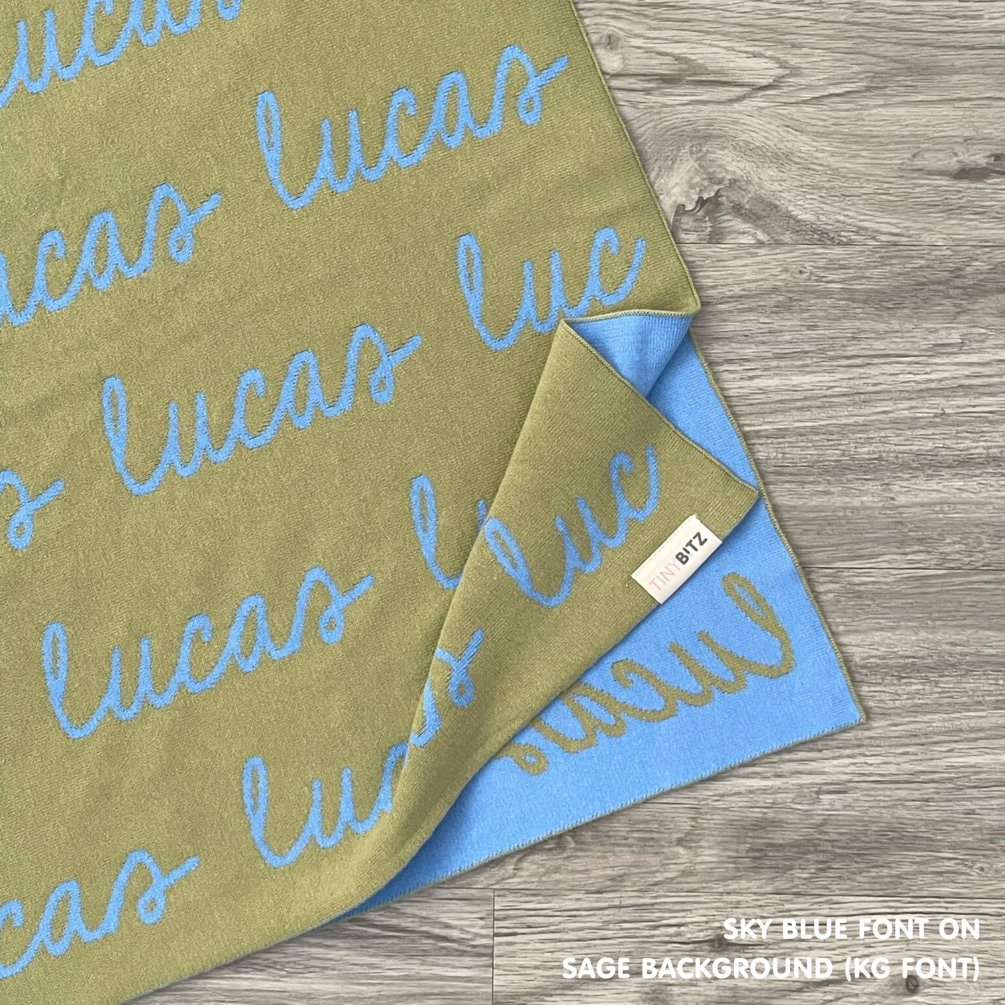 Personalised pet blanket for dogs in sage and sky blue, custom knitted dog blanket by TinyBitz, cozy gift for small dogs.