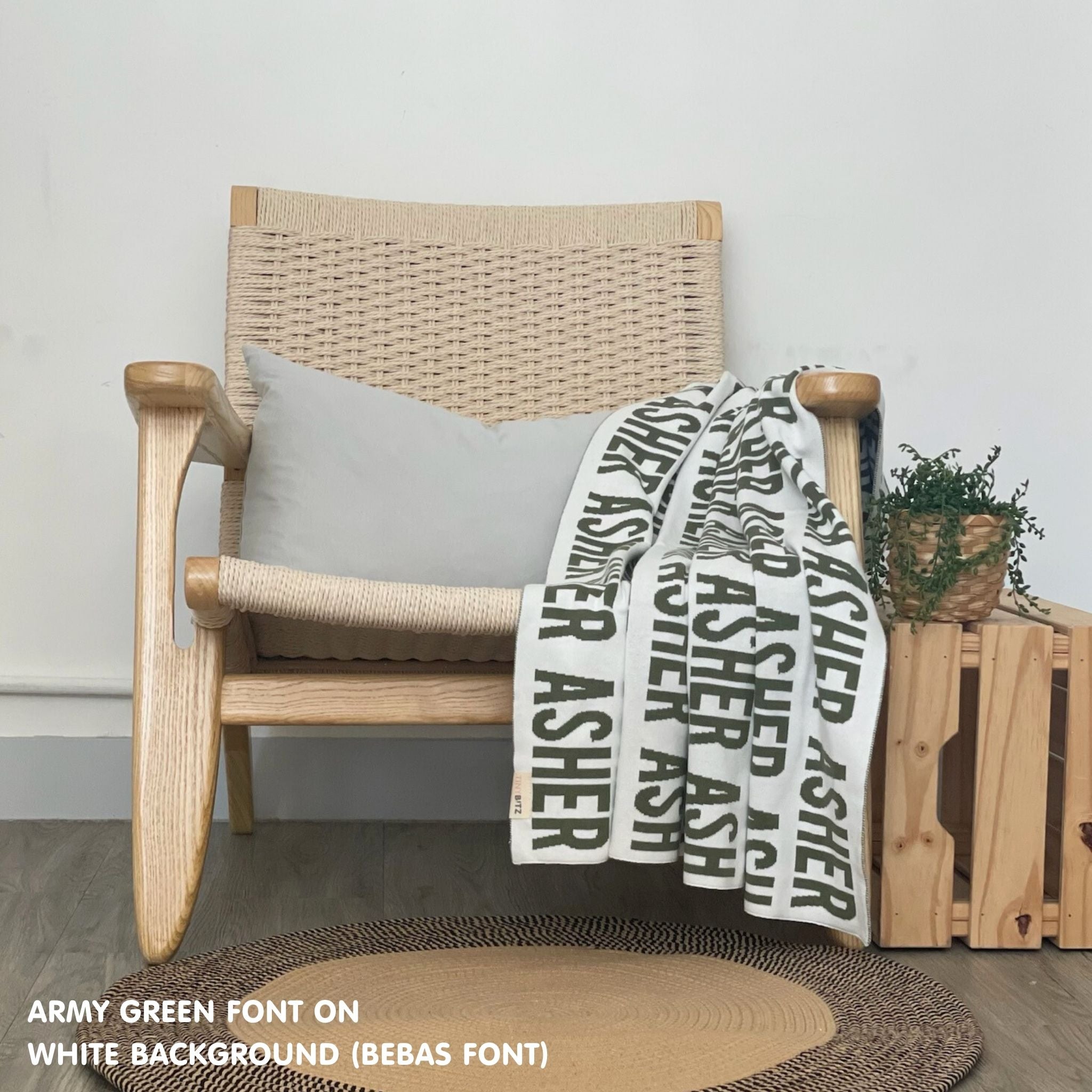 Personalised pet blanket in white and army green knitted cotton, custom knitted dog blanket by TinyBitz, perfect gift for dog lovers.