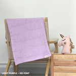 Cotton baby blanket with baby's name knitted in light purple background, one colour with monogram, made by TinyBitz.