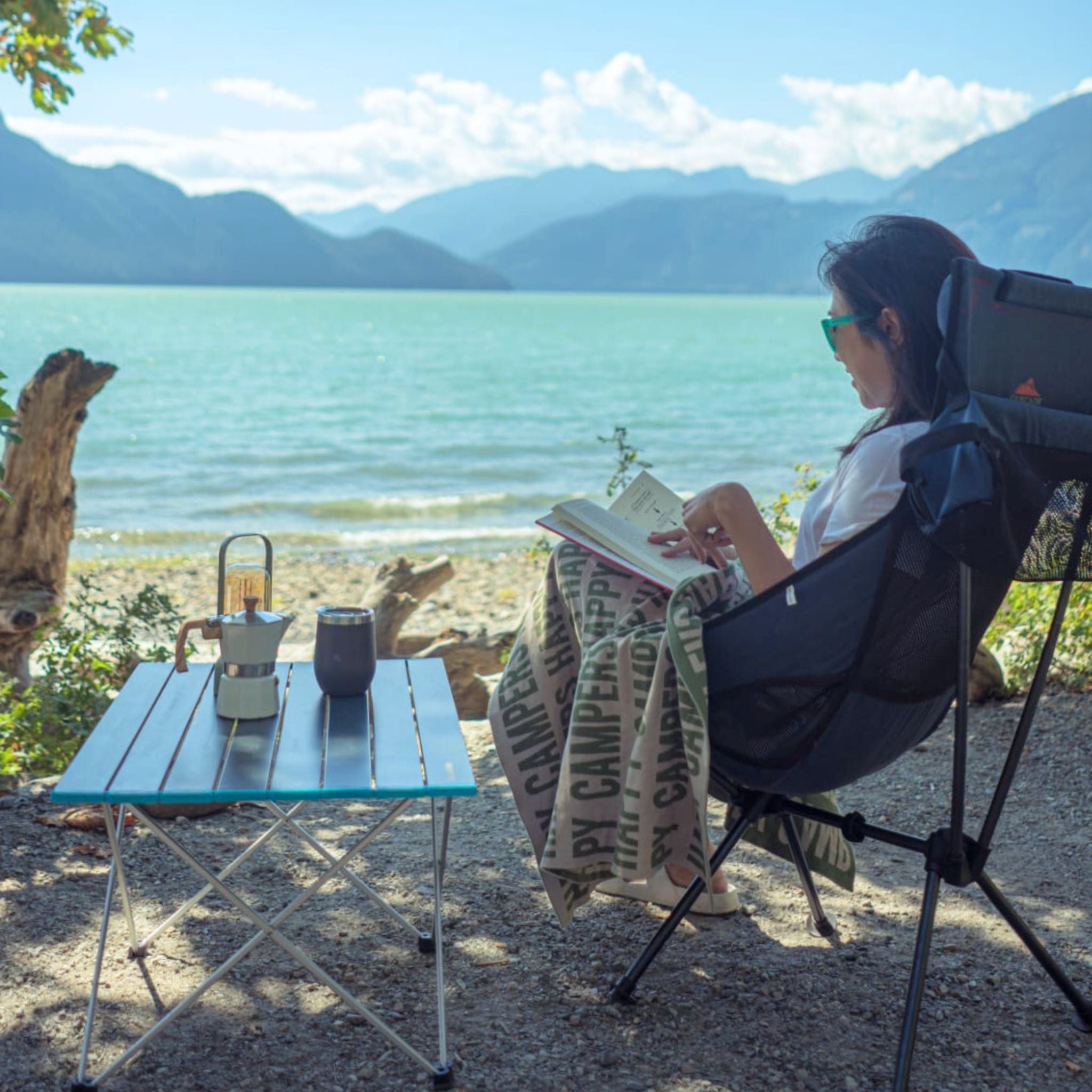 TinyBitz personalized knitted cotton blanket in stone and army green, perfect for outdoor camping.