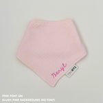 Custom baby bib in blush pink with embroidered name, personalised baby gift made from breathable muslin by TinyBitz.