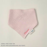 Organic cotton baby bib with name stitched on blush pink fabric, personalised baby gifts by TinyBitz.