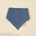 Organic cotton baby bib with name stitched on dusty blue fabric, personalised baby gifts by TinyBitz.