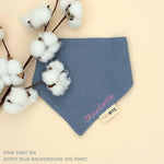 Personalised baby bib in dusty blue with name embroidery, custom organic cotton bib by TinyBitz, thoughtful baby shower gift.