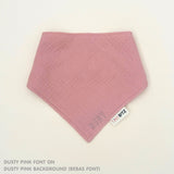 Organic personalised bib for babies in dusty pink, featuring baby name in script font, unique baby gift idea by TinyBitz.