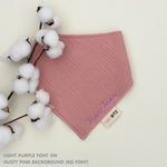 Organic cotton baby bib with name stitched on dusty pink fabric, personalised baby gifts by TinyBitz.