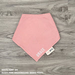 Custom baby bib in dusty pink with embroidered name, personalised baby gift made from breathable muslin by TinyBitz.
