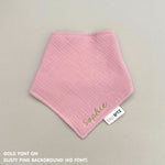 Organic cotton baby bib with name stitched on dusty pink fabric, personalised baby gifts by TinyBitz.