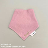 Organic cotton baby bib with name stitched on dusty pink fabric, personalised baby gifts by TinyBitz.