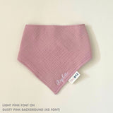 Organic personalised bib for babies in dusty pink, featuring baby name in script font, unique baby gift idea by TinyBitz.