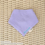 Custom baby bib in lavender with embroidered name, personalised baby gift made from breathable muslin by TinyBitz.