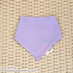 Organic personalised bib for babies in lavender, featuring baby name in script font, unique baby gift idea by TinyBitz.