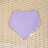 Organic personalised bib for babies in lavender, featuring baby name in script font, unique baby gift idea by TinyBitz.