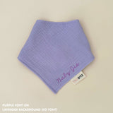 Organic cotton baby bib with name stitched on lavender fabric, personalised baby gifts by TinyBitz.