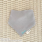 Organic personalised bib for babies in light grey, featuring baby name in script font, unique baby gift idea by TinyBitz.