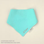 Organic cotton baby bib with name stitched on mint fabric, personalised baby gifts by TinyBitz.
