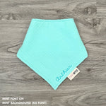 Personalised baby bib in mint with name embroidery, custom organic cotton bib by TinyBitz, thoughtful baby shower gift.