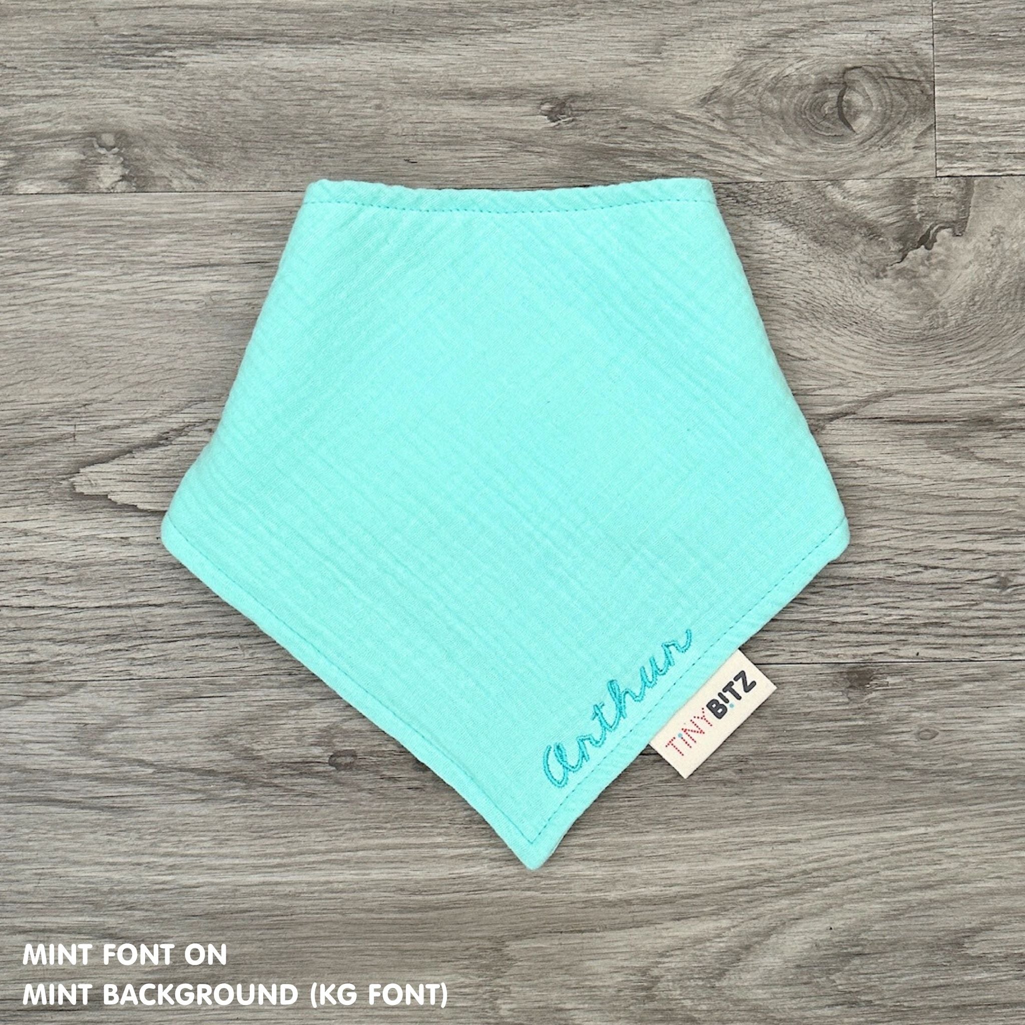 Personalised baby bib in mint with name embroidery, custom organic cotton bib by TinyBitz, thoughtful baby shower gift.