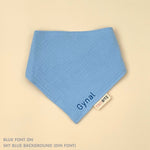 Organic cotton baby bib with name stitched on sky blue fabric, personalised baby gifts by TinyBitz.