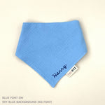 Organic personalised bib for babies in sky blue, featuring baby name in script font, unique baby gift idea by TinyBitz.