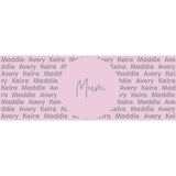 Customisable blanket with mum's name knitted in light pink and light grey, personalized by TinyBitz.
