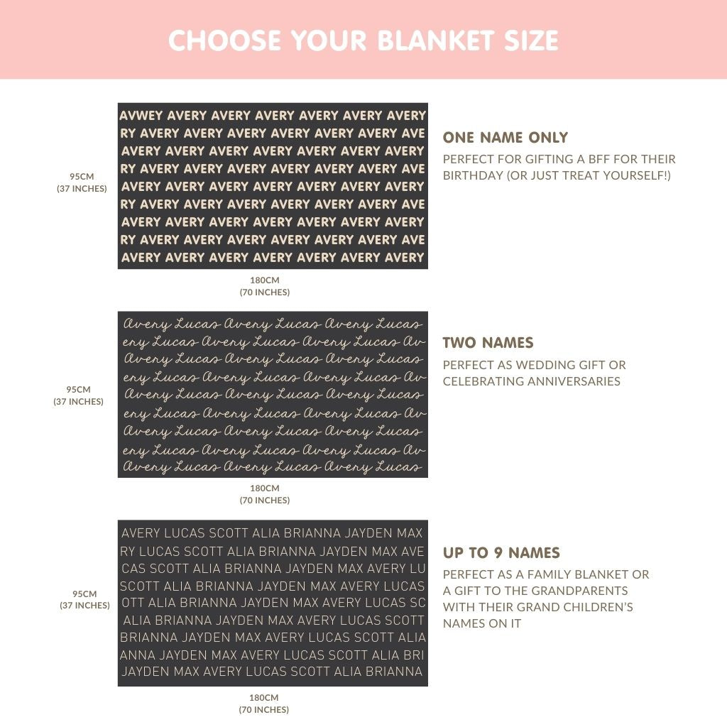 Sizes of the adult blanket. TinyBitz personalized knitted blanket in light grey background, customized with name.