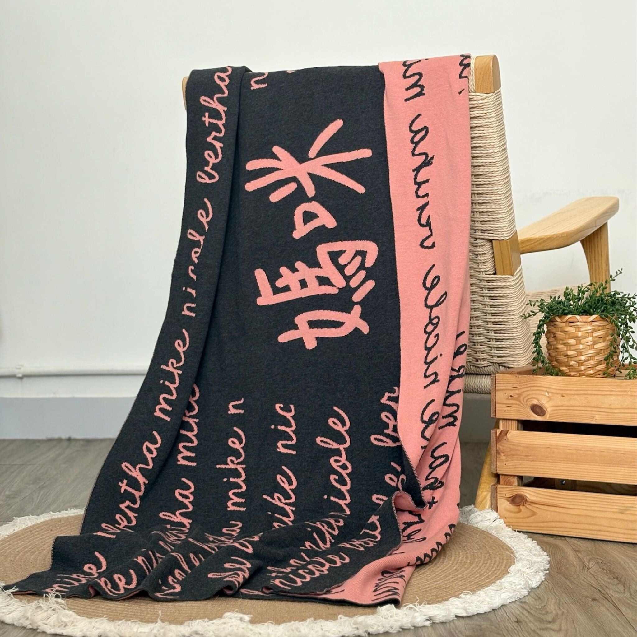 Customisable blanket with mum's name knitted in charcoal and dusty pink, personalized by TinyBitz.