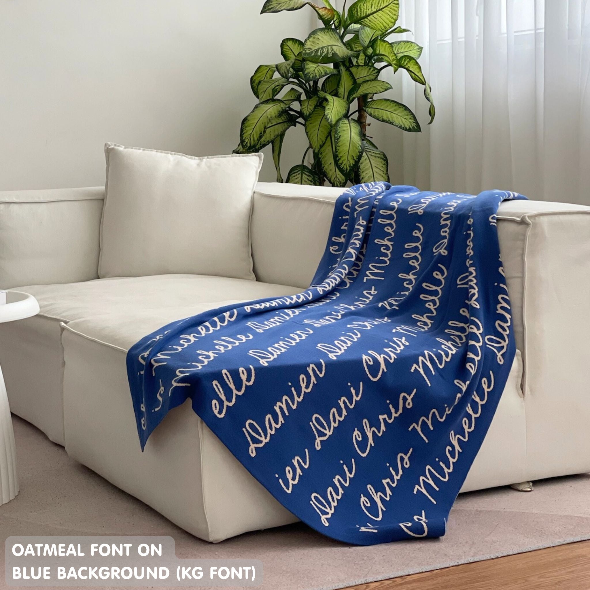 Custom knitted blanket with family members' names on it, making it the best personalised family gift!