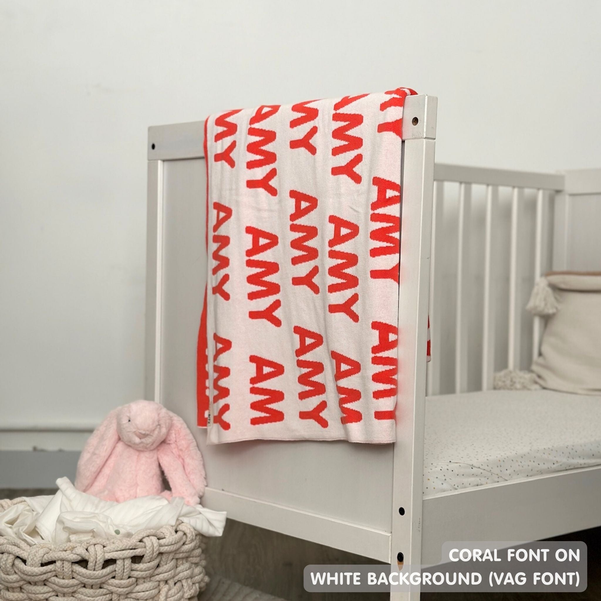 TinyBitz Custom Blanket knitted from cotton with baby's name on white background, best gift to welcome a newborn baby.