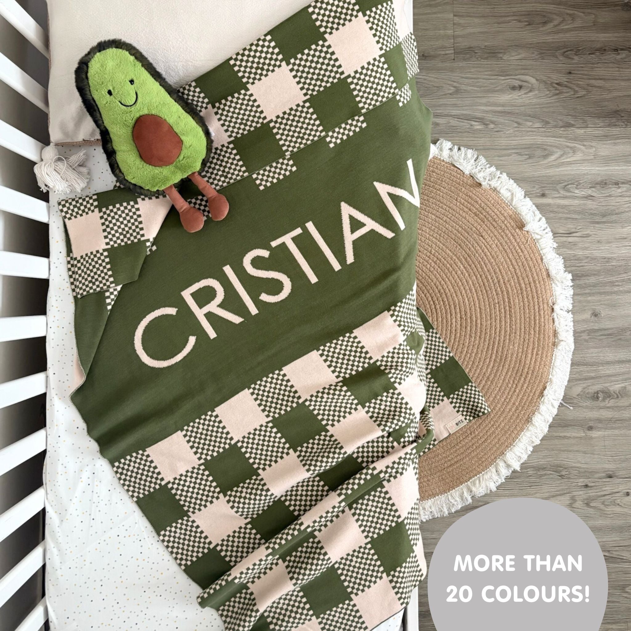 TinyBitz personalized baby name blanket, knitted in army green and oatmeal with a check pattern, perfect baby shower gift!