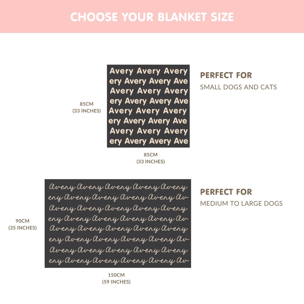 Sizes of the cat and dog blanket. TinyBitz personalized knitted blanket in rose pink background, customized with name.