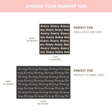 Sizes of the cat and dog blanket. TinyBitz personalized knitted blanket in sky blue background, customized with name.
