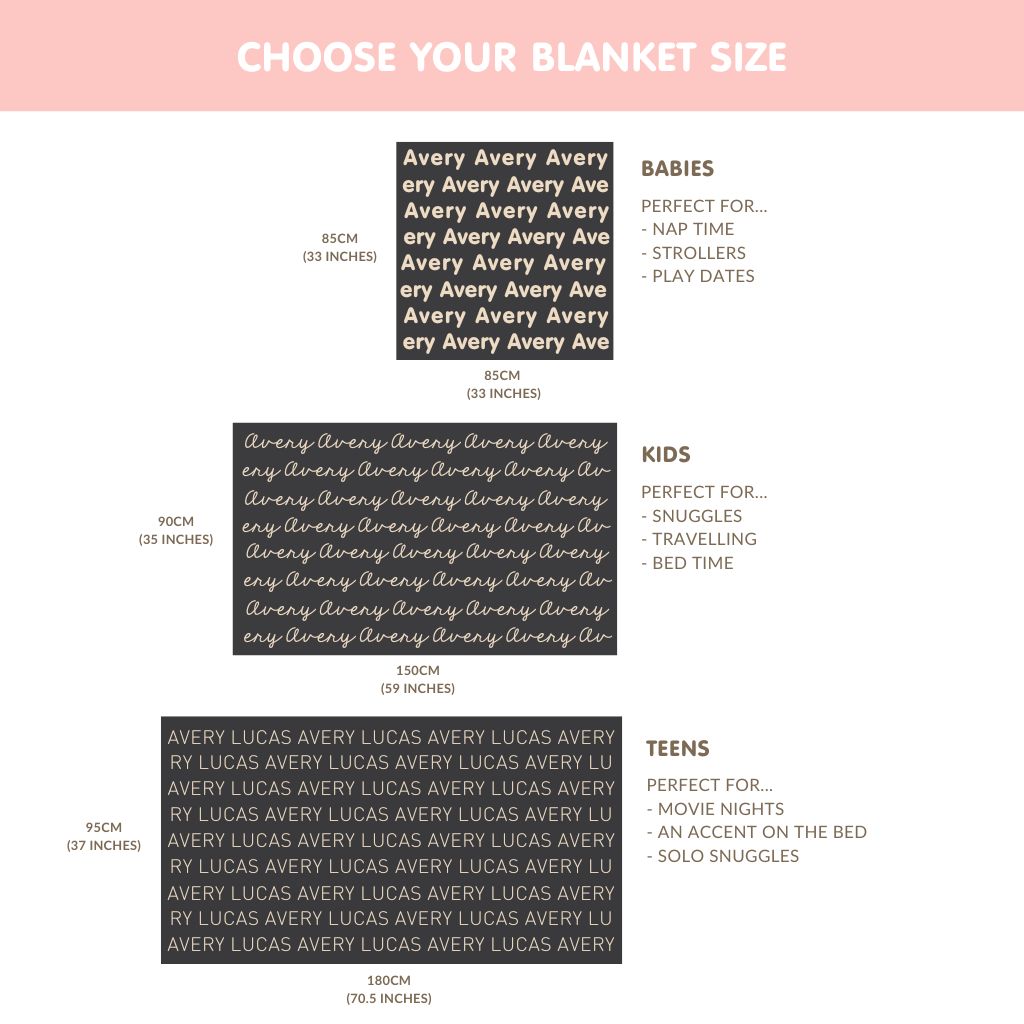 Size of the baby blanket. TinyBitz personalized knitted blanket in peach background, customized with baby's name.