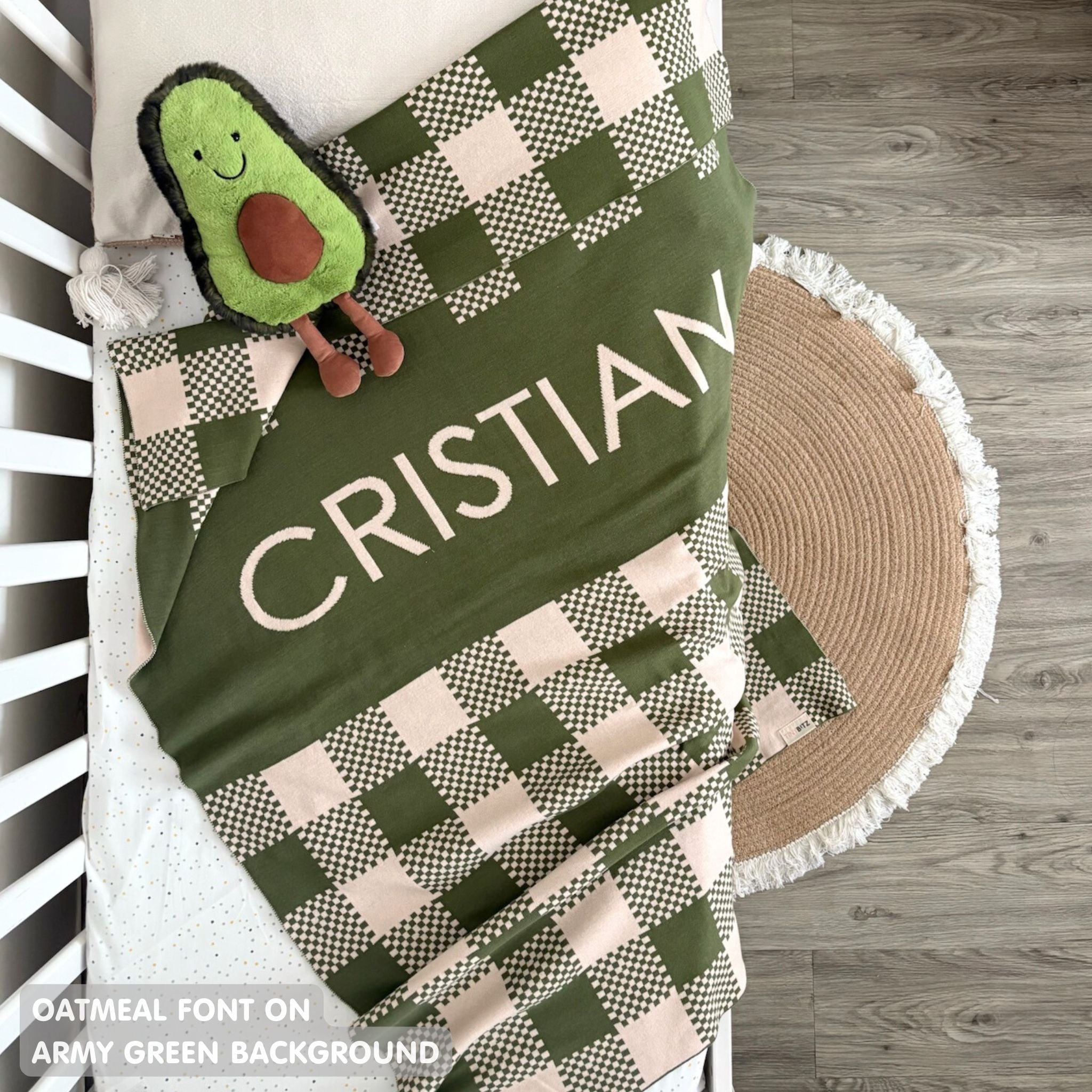 TinyBitz personalized baby name blanket, knitted in army green and oatmeal with a check pattern, perfect baby shower gift!