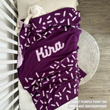 TinyBitz personalized baby knitted name blanket in eggplant and light purple, perfect gift for birthdays and special occasions!