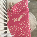 TinyBitz personalized baby knitted name blanket in rose pink and oatmeal, perfect gift for birthdays and special occasions!
