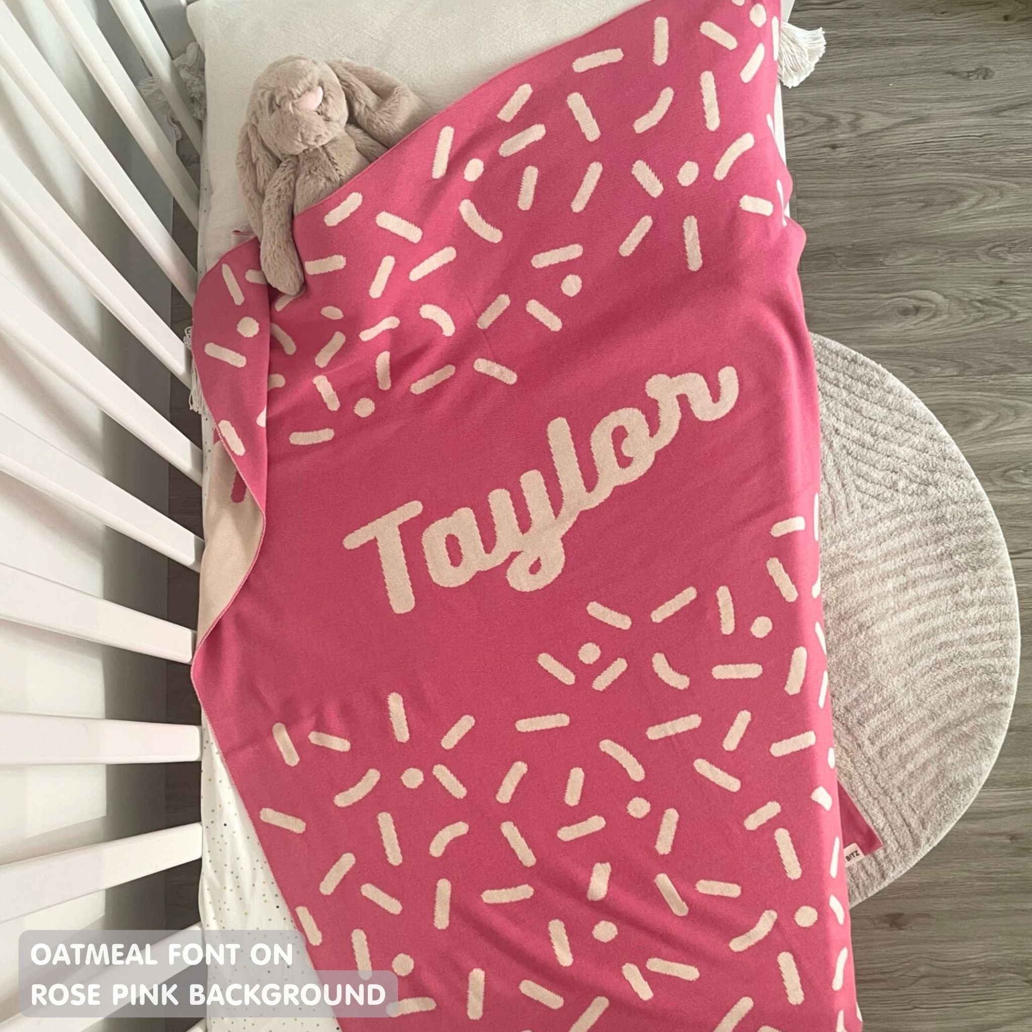 TinyBitz personalized baby knitted name blanket in rose pink and oatmeal, perfect gift for birthdays and special occasions!