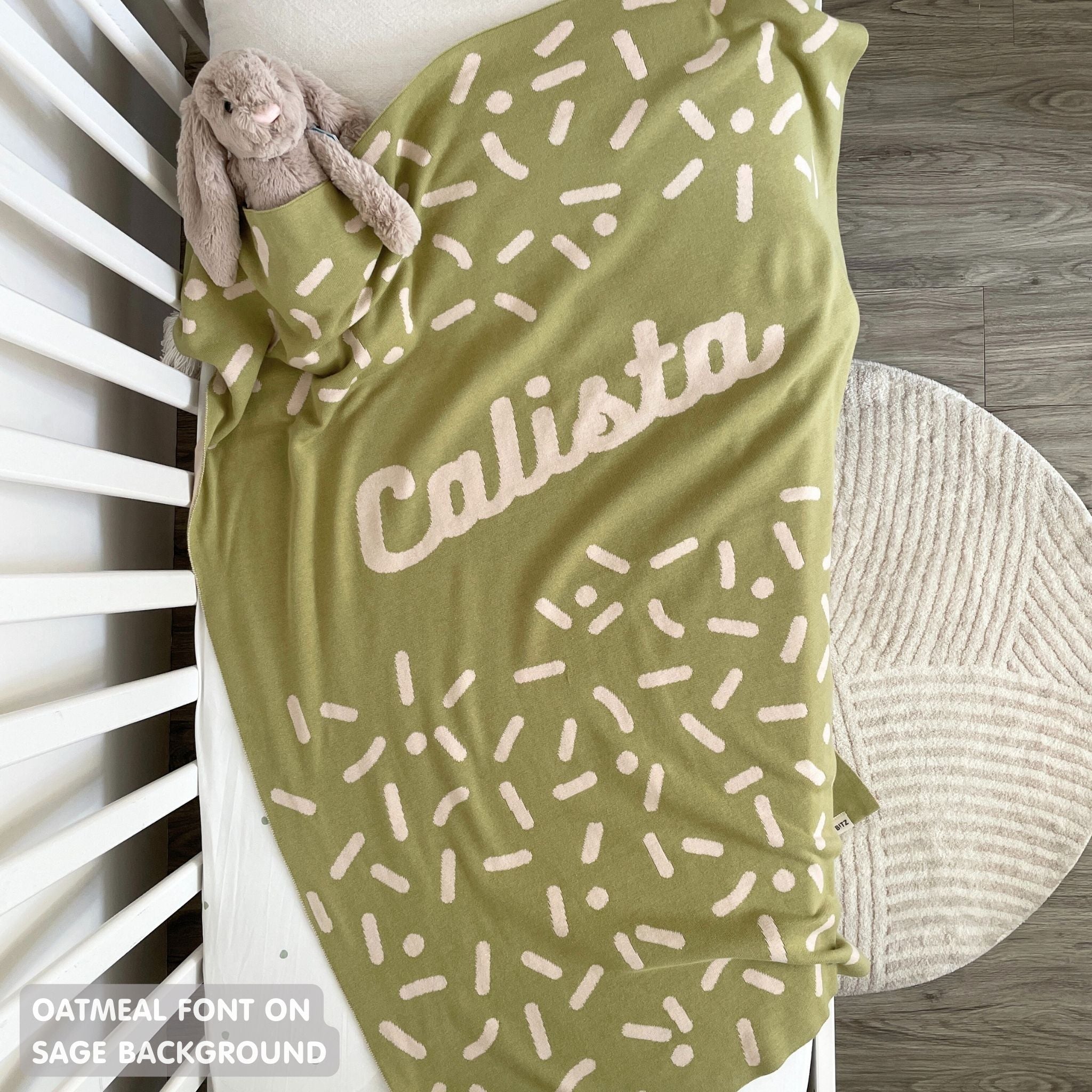 TinyBitz personalized baby knitted name blanket in sage and oatmeal, perfect gift for birthdays and special occasions!