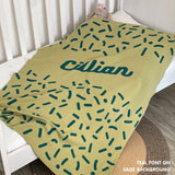 TinyBitz personalized baby name blanket, knitted in sage and teal with a confetti pattern, perfect baby shower gift!
