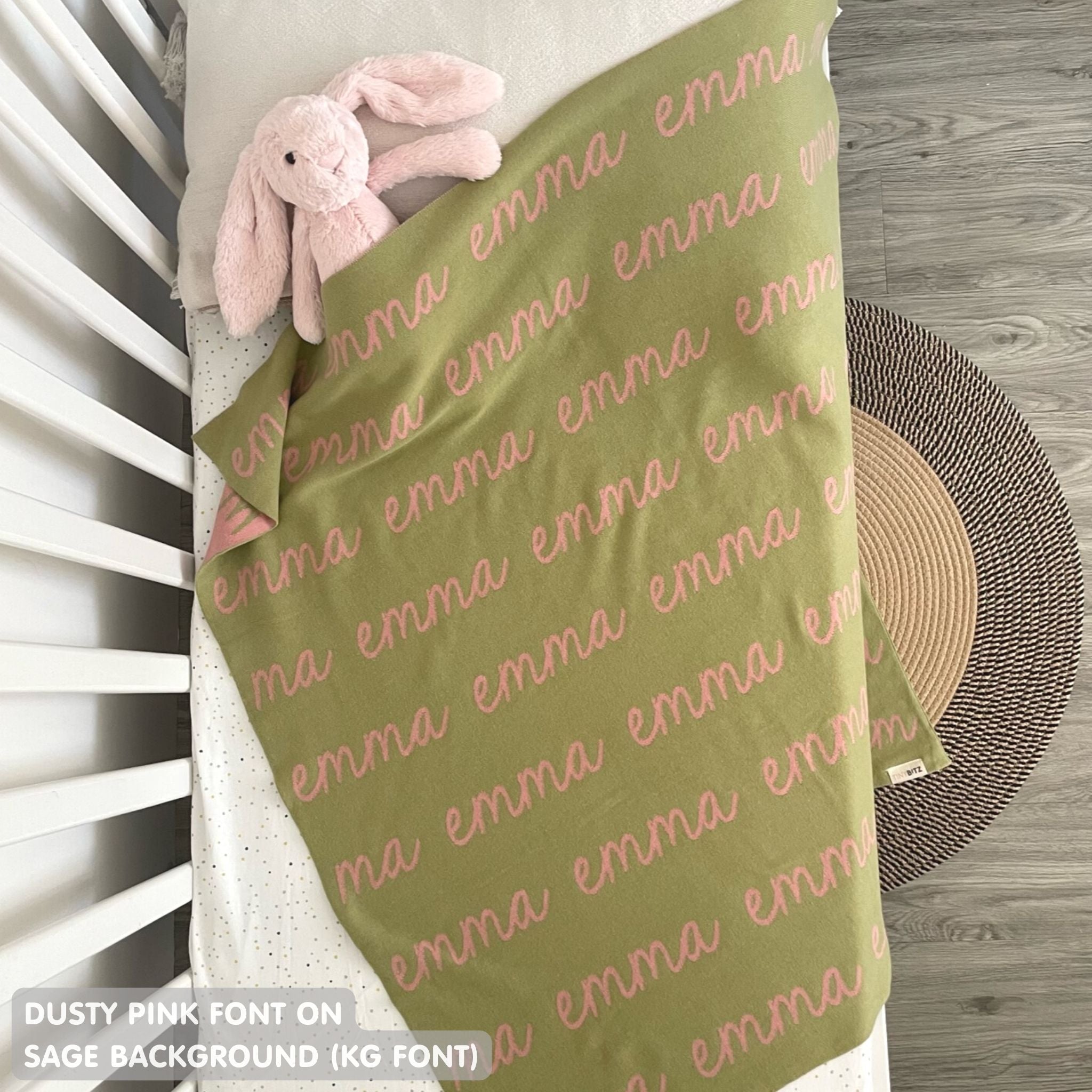 TinyBitz Personalized name blanket in sage and dusty pink, perfect gift for newborn babies.
