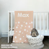TinyBitz personalized baby name blanket, knitted in oatmeal and white with a dot pattern, perfect baby shower gift!