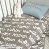 TinyBitz personalized knitted blanket in stone background, customized with baby's name and made from 100% cotton.