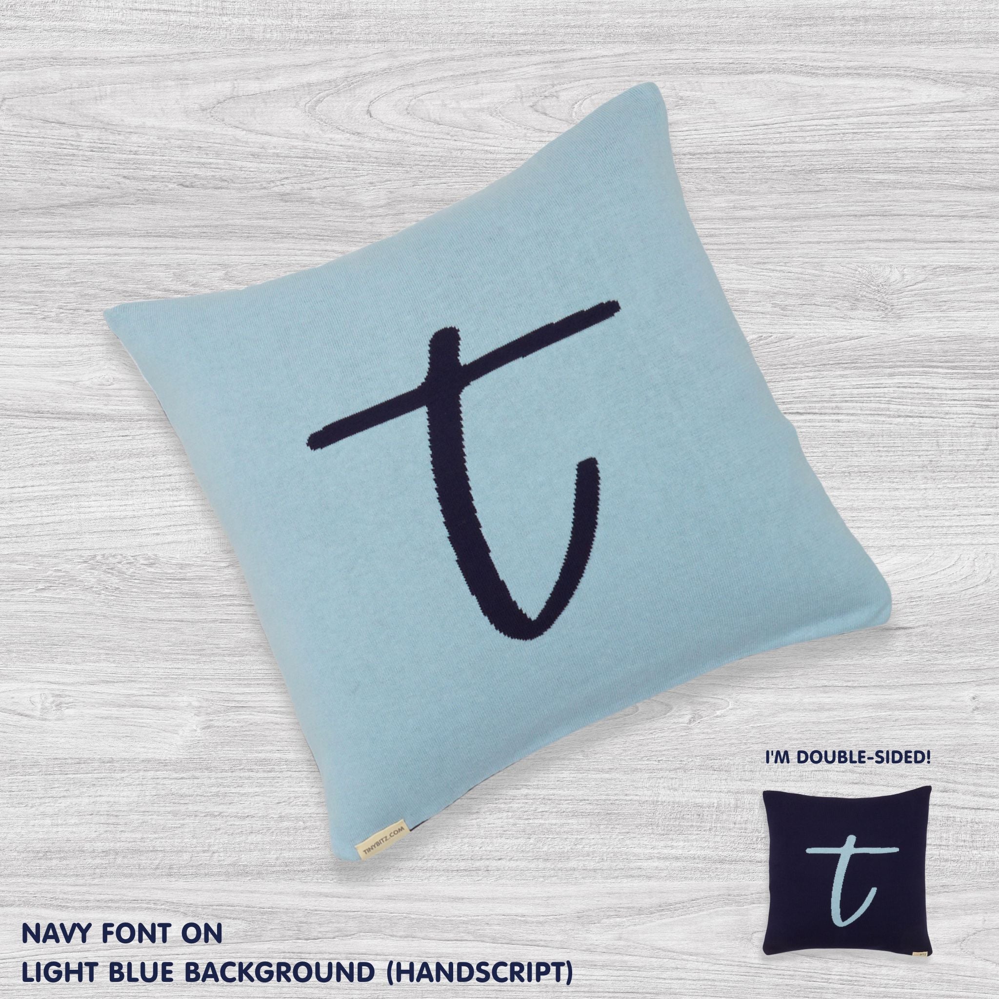 Personalised cushions for home decor featuring intial t, custom knitted cotton cushions by TinyBitz, perfect personalized gifts and sofa accents.
