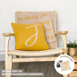 Personalised cushion with initial J in mustard and oatmeal font, knitted cotton cushion by TinyBitz, custom baby and kids gift.